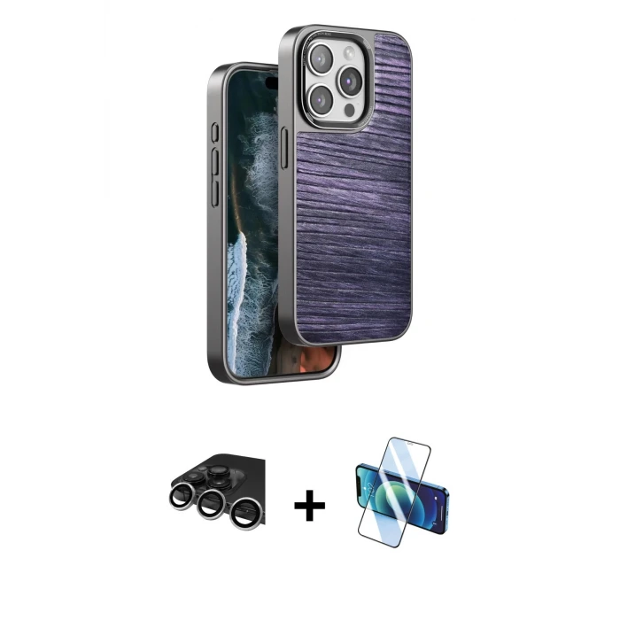 ieg™ iPhone 14 Pro Max Kılıf Atlas Minimal Özel Seri - Siyah 3D Antistatik Cam Ekran Koruyucu + Raze Metal Kamera Lens - GS