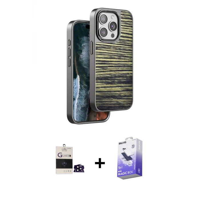 ieg™ iPhone 14 Pro Max Kılıf Atlas Minimal Özel Seri - Siyah Bilvis 5in1 5D Magic Hayalet Cam Ekran Koruyucu + Bilvis Titan Kamera Lens - SH