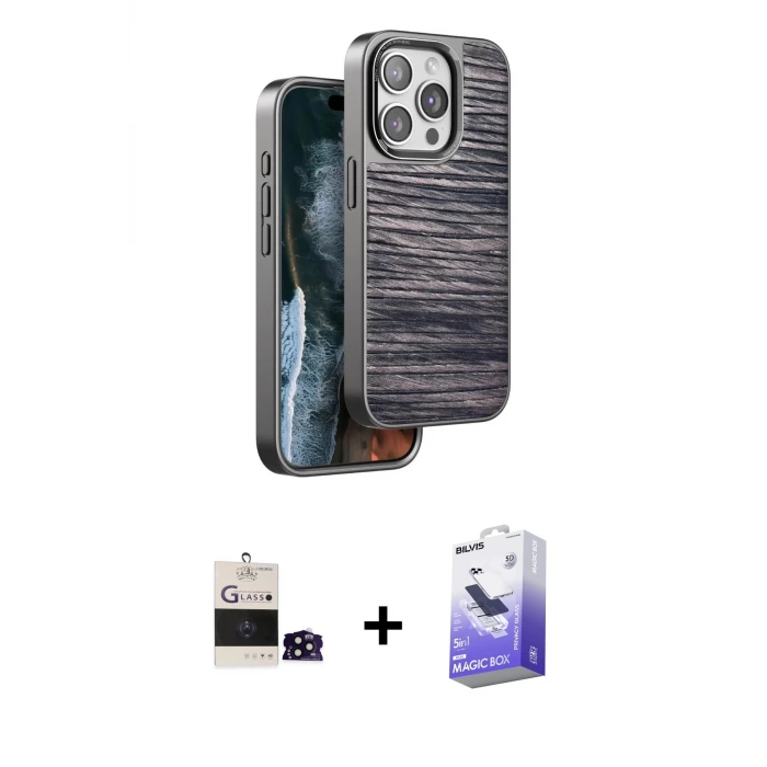 ieg™ iPhone 14 Pro Max Kılıf Atlas Minimal Özel Seri - Siyah Bilvis 5in1 5D Magic Hayalet Cam Ekran Koruyucu + Bilvis Titan Kamera Lens - SH