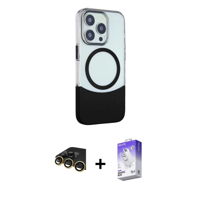 ieg™ iPhone 14 Pro Max Kılıf Çekirdek Asil Özel Seri - Siyah Bilvis 5in1 3D Magic Cam Ekran Koruyucu + Raze Metal Kamera Lens - GD
