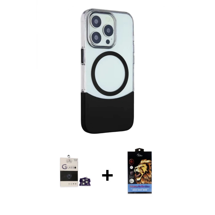 ieg™ iPhone 14 Pro Max Kılıf Çekirdek Asil Özel Seri - Siyah Buffer Hayalet Cam Ekran Koruyucu + Bilvis Titan Kamera Lens - GS