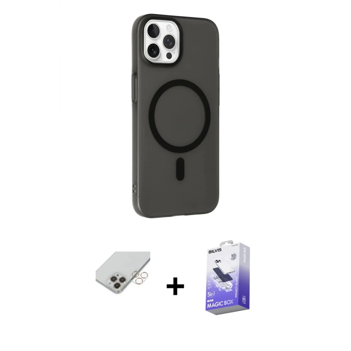 ieg™ iPhone 14 Pro Max Kılıf Çekirdek Modern Prime - Siyah Bilvis 5in1 5D Magic Hayalet Cam Ekran Koruyucu + Band Metal Kamera Lens - GD