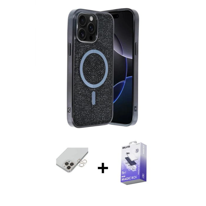 ieg™ iPhone 14 Pro Max Kılıf Eksen Çizgi - Siyah Bilvis 5in1 5D Magic Hayalet Cam Ekran Koruyucu + Band Metal Kamera Lens - GD