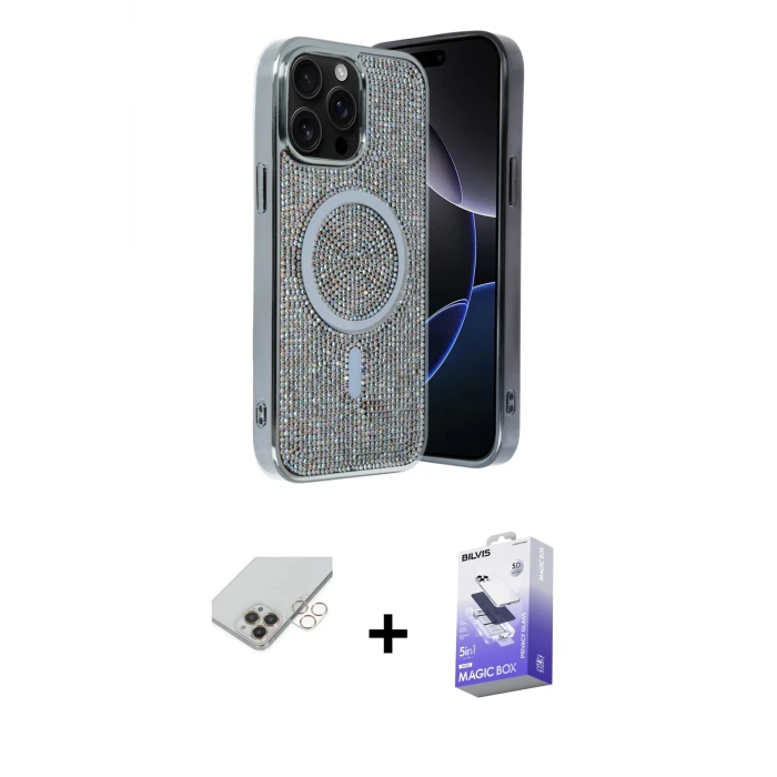 ieg™ iPhone 14 Pro Max Kılıf Eksen Çizgi - Siyah Bilvis 5in1 5D Magic Hayalet Cam Ekran Koruyucu + Band Metal Kamera Lens - GD