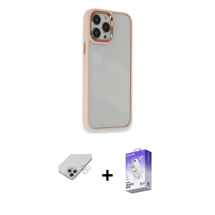ieg™ iPhone 14 Pro Max Kılıf Eksen Doku Prime - Siyah Bilvis 5in1 3D Magic Cam Ekran Koruyucu + Band Metal Kamera Lens - GS