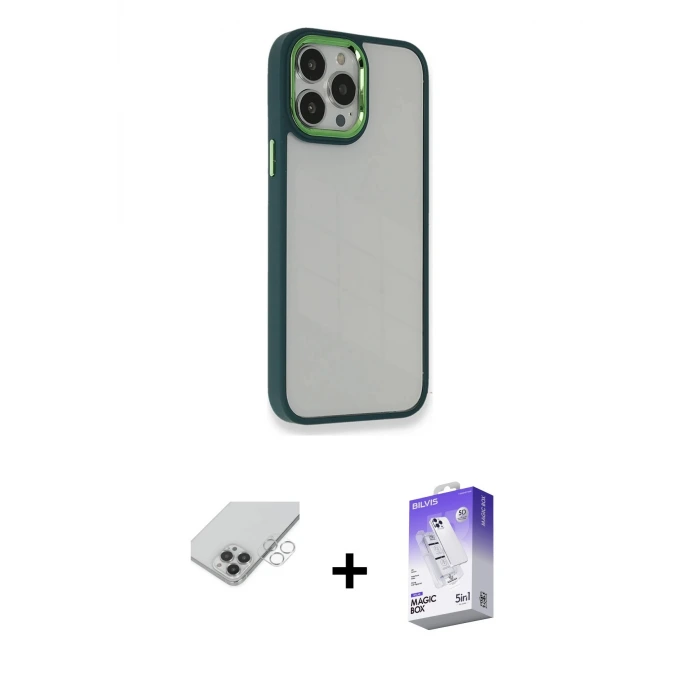 ieg™ iPhone 14 Pro Max Kılıf Eksen Doku Prime - Siyah Bilvis 5in1 3D Magic Cam Ekran Koruyucu + Band Metal Kamera Lens - GS