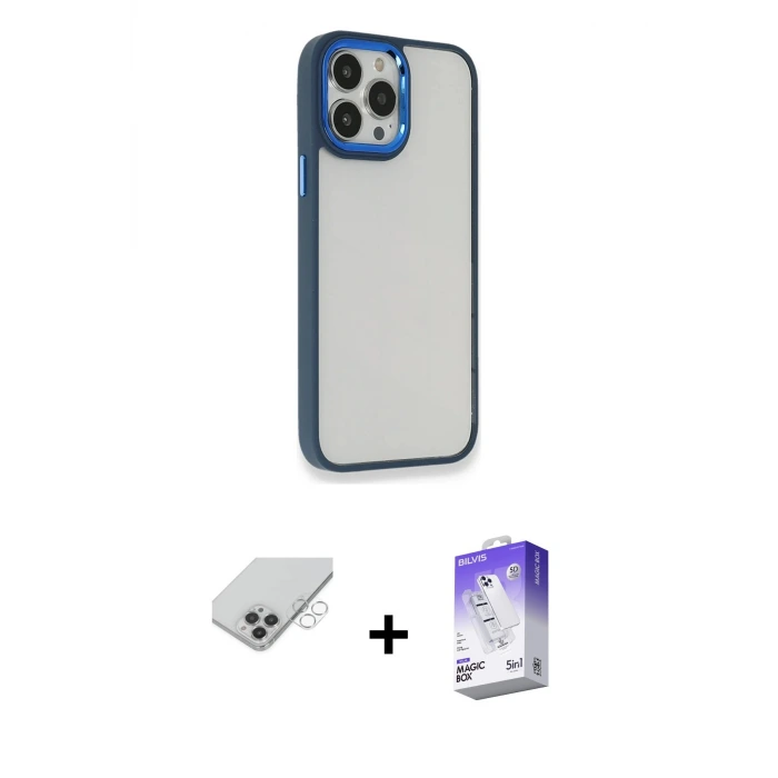 ieg™ iPhone 14 Pro Max Kılıf Eksen Doku Prime - Siyah Bilvis 5in1 3D Magic Cam Ekran Koruyucu + Band Metal Kamera Lens - GS