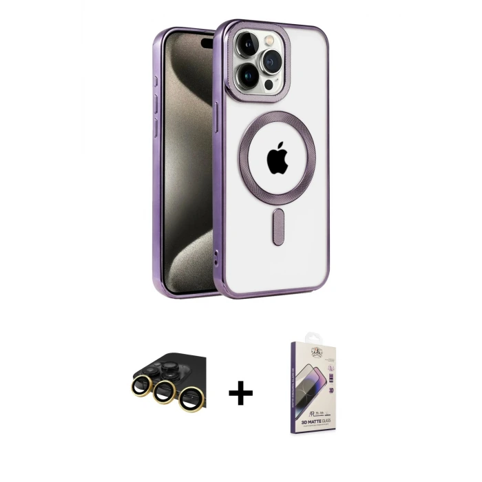 ieg™ iPhone 14 Pro Max Kılıf Eksen Form Koleksiyonu - Siyah Bilvis 3D Mat Cam Ekran Koruyucu + Raze Metal Kamera Lens - GD