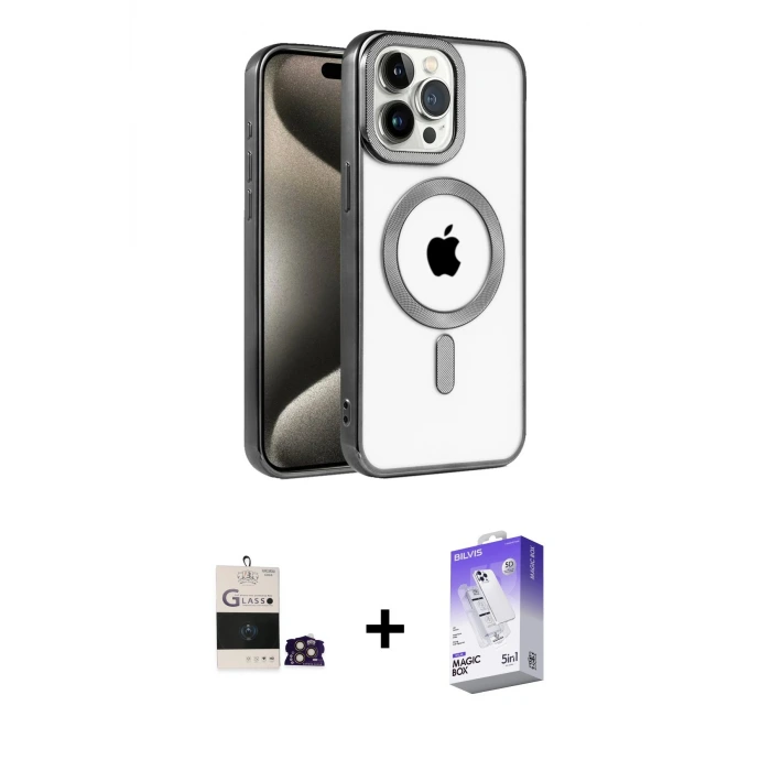 ieg™ iPhone 14 Pro Max Kılıf Eksen Form Koleksiyonu - Siyah Bilvis 5in1 3D Magic Cam Ekran Koruyucu + Bilvis Titan Kamera Lens - GD