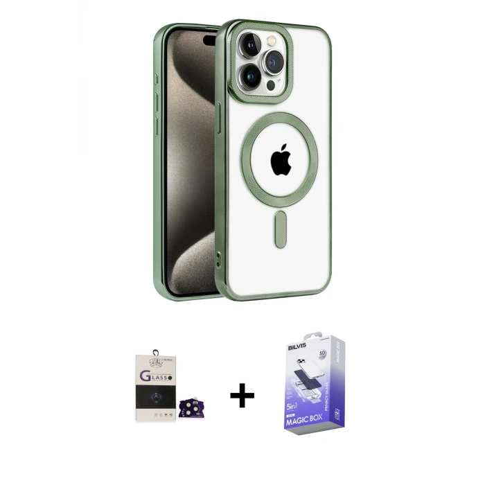 ieg™ iPhone 14 Pro Max Kılıf Eksen Form Koleksiyonu - Siyah Bilvis 5in1 5D Magic Hayalet Cam Ekran Koruyucu + Bilvis Titan Kamera Lens - SH