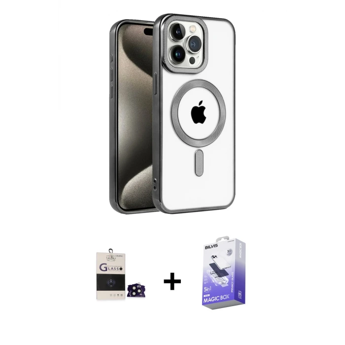 ieg™ iPhone 14 Pro Max Kılıf Eksen Form Koleksiyonu - Siyah Bilvis 5in1 5D Magic Hayalet Cam Ekran Koruyucu + Bilvis Titan Kamera Lens - SH