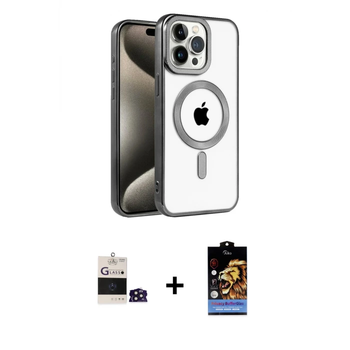 ieg™ iPhone 14 Pro Max Kılıf Eksen Form Koleksiyonu - Siyah Buffer Hayalet Cam Ekran Koruyucu + Bilvis Titan Kamera Lens - DNMR