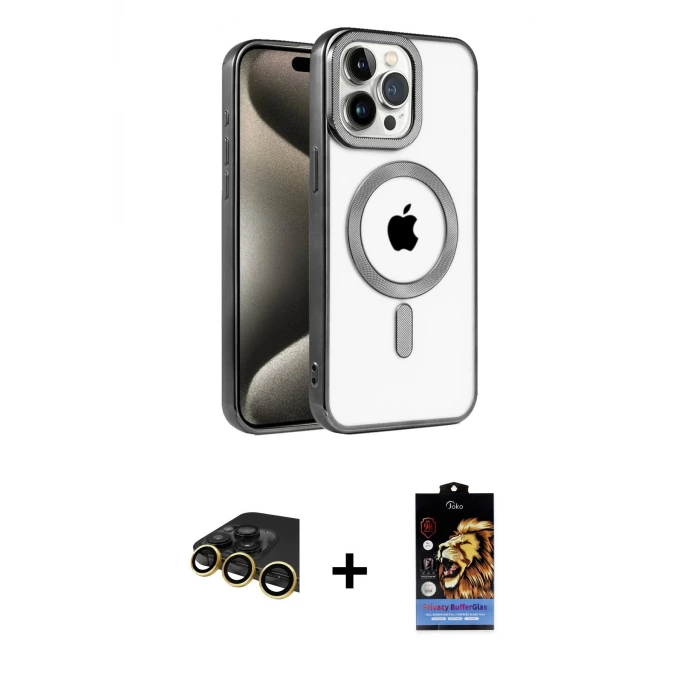 ieg™ iPhone 14 Pro Max Kılıf Eksen Form Koleksiyonu - Siyah Buffer Hayalet Cam Ekran Koruyucu + Raze Metal Kamera Lens - GD