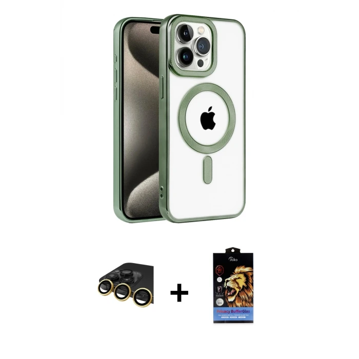 ieg™ iPhone 14 Pro Max Kılıf Eksen Form Koleksiyonu - Siyah Buffer Hayalet Cam Ekran Koruyucu + Raze Metal Kamera Lens - GD