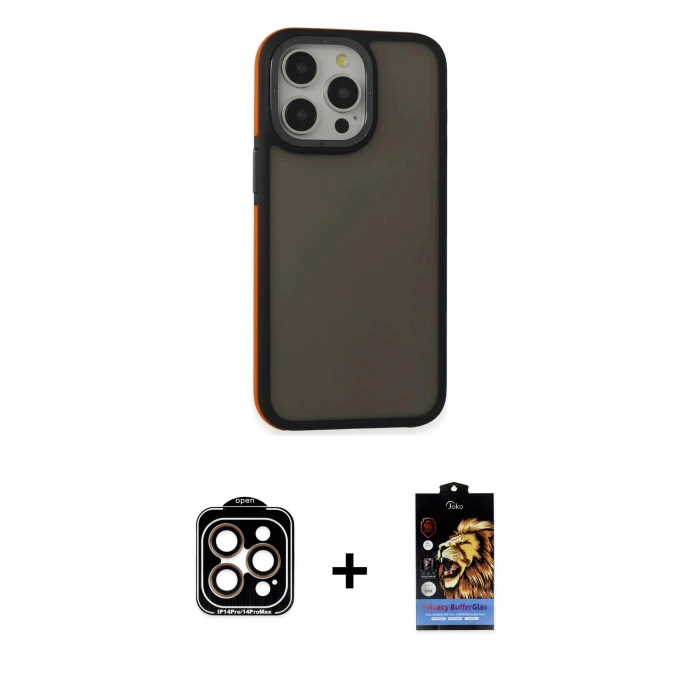 ieg™ iPhone 14 Pro Max Kılıf Eksen Işık - Siyah Buffer Hayalet Cam Ekran Koruyucu + PVD Metal Kamera Lens - TU