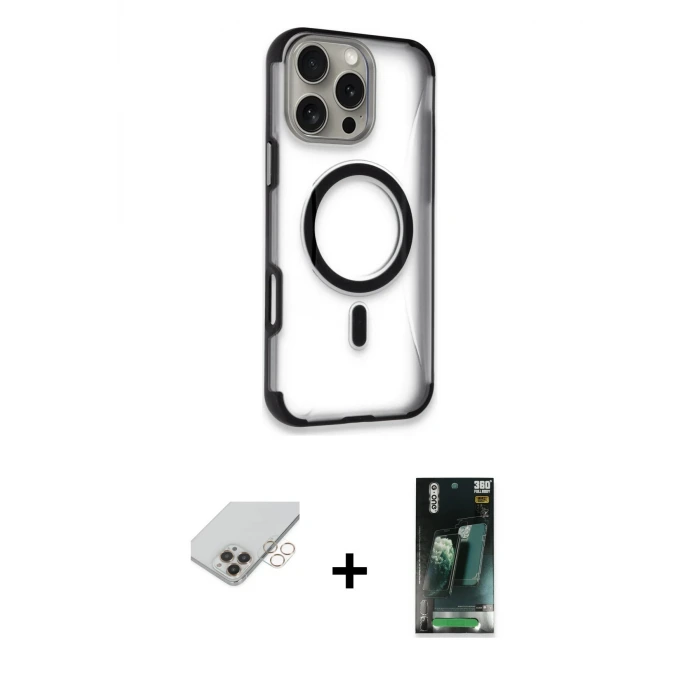 ieg™ iPhone 14 Pro Max Kılıf Eksen Klasik Koleksiyonu - Siyah 360 Mat Full Body Arka Koruyucu + Band Metal Kamera Lens - GD