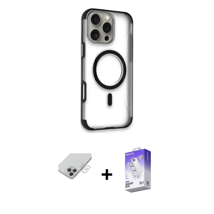 ieg™ iPhone 14 Pro Max Kılıf Eksen Klasik Koleksiyonu - Siyah Bilvis 5in1 3D Magic Cam Ekran Koruyucu + Band Metal Kamera Lens - GS
