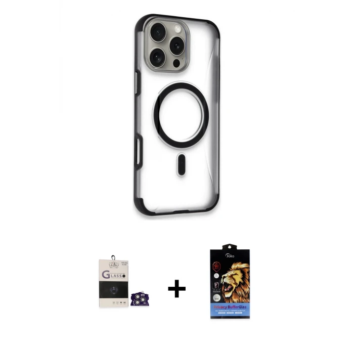 ieg™ iPhone 14 Pro Max Kılıf Eksen Klasik Koleksiyonu - Siyah Buffer Hayalet Cam Ekran Koruyucu + Bilvis Titan Kamera Lens - GS
