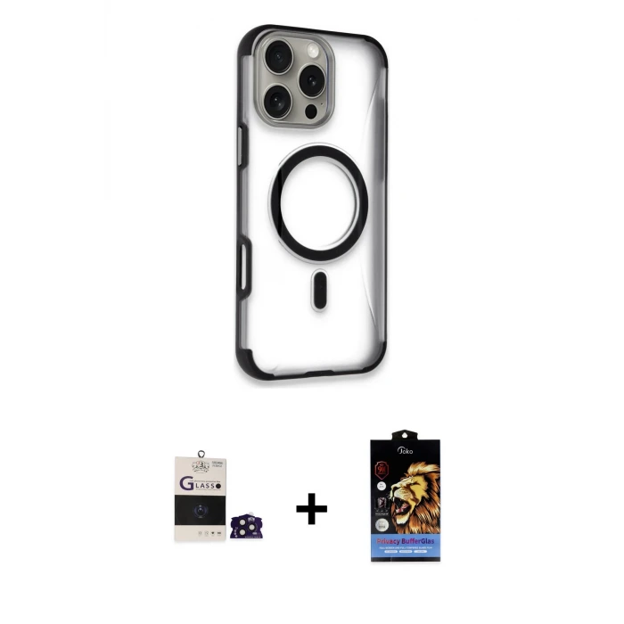 ieg™ iPhone 14 Pro Max Kılıf Eksen Klasik Koleksiyonu - Siyah Buffer Hayalet Cam Ekran Koruyucu + Bilvis Titan Kamera Lens - DNMR