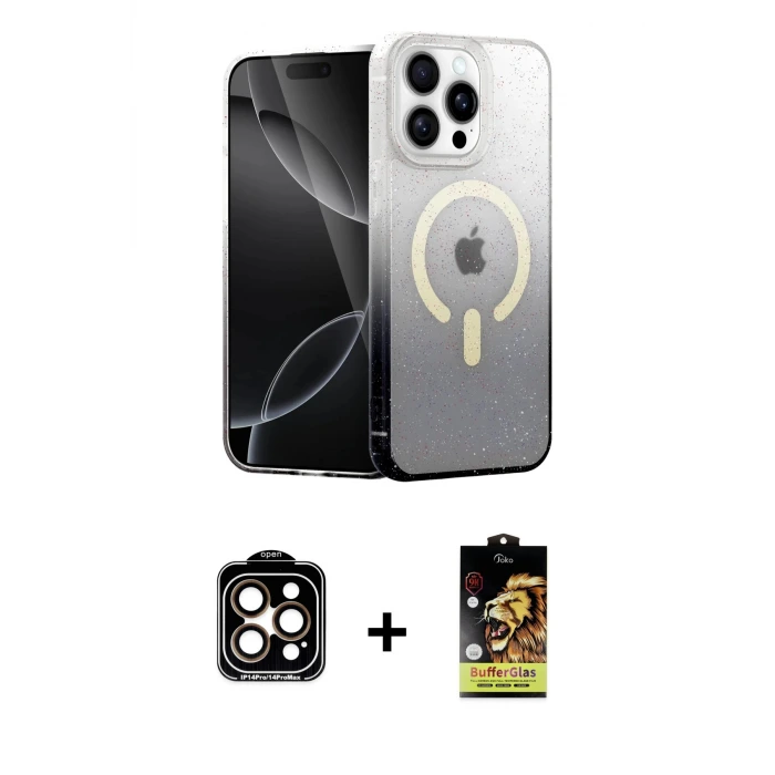 ieg™ iPhone 14 Pro Max Kılıf Eksen Minimal Özel Seri - Siyah Buffer Cam Ekran Koruyucu + PVD Metal Kamera Lens - TU