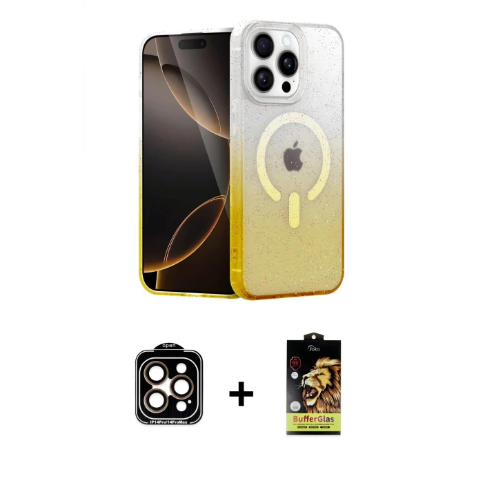 ieg™ iPhone 14 Pro Max Kılıf Eksen Minimal Özel Seri - Siyah Buffer Cam Ekran Koruyucu + PVD Metal Kamera Lens - TU