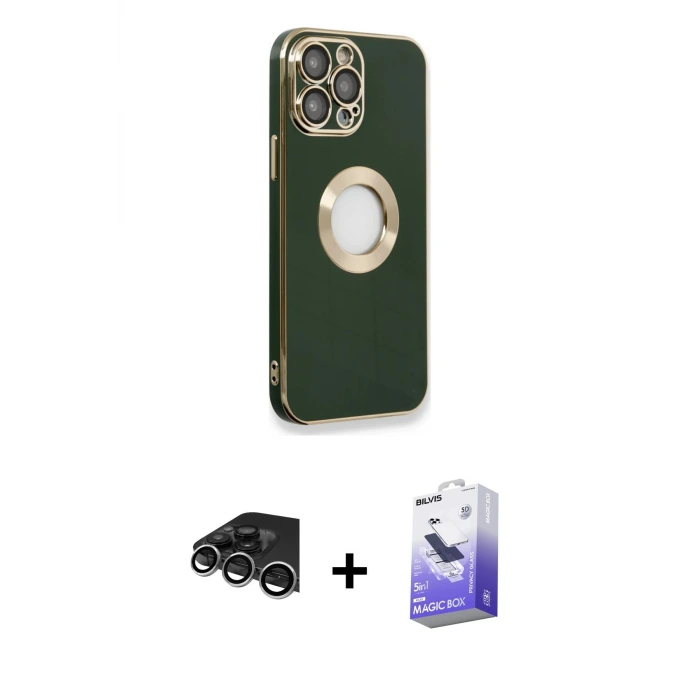 ieg™ iPhone 14 Pro Max Kılıf İz Form Serisi - Siyah Bilvis 5in1 5D Magic Hayalet Cam Ekran Koruyucu + Raze Metal Kamera Lens - GS