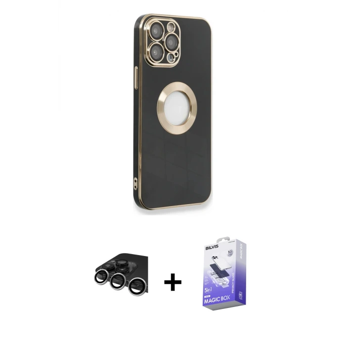 ieg™ iPhone 14 Pro Max Kılıf İz Form Serisi - Siyah Bilvis 5in1 5D Magic Hayalet Cam Ekran Koruyucu + Raze Metal Kamera Lens - GS