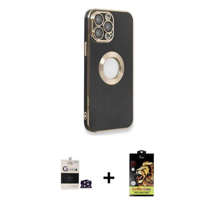 ieg™ iPhone 14 Pro Max Kılıf İz Form Serisi - Siyah Buffer Cam Ekran Koruyucu + Bilvis Titan Kamera Lens - DNMR