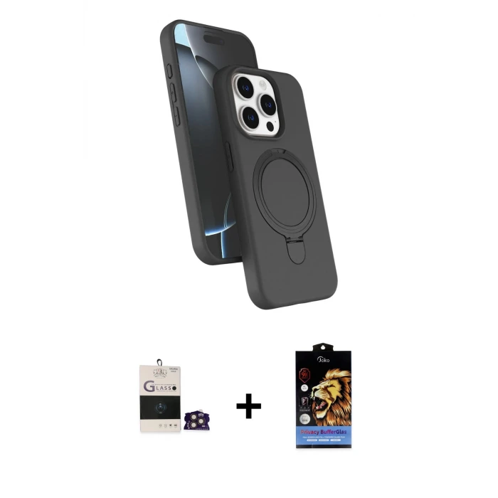 ieg™ iPhone 14 Pro Max Kılıf İz Işık Koleksiyonu - Siyah Buffer Hayalet Cam Ekran Koruyucu + Bilvis Titan Kamera Lens - GD