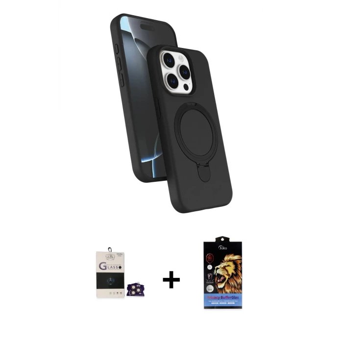 ieg™ iPhone 14 Pro Max Kılıf İz Işık Koleksiyonu - Siyah Buffer Hayalet Cam Ekran Koruyucu + Bilvis Titan Kamera Lens - GD