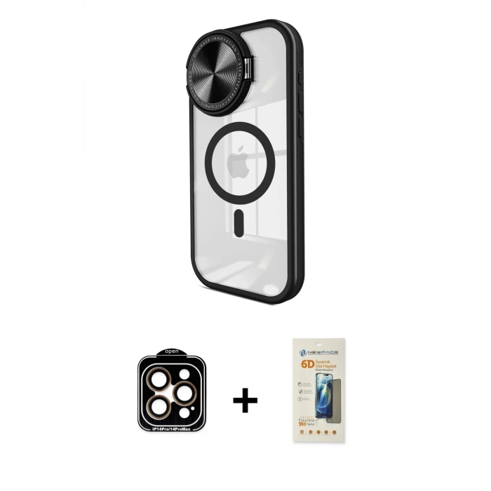 ieg™ iPhone 14 Pro Max Kılıf Kıvılcım Modern Koleksiyonu - Siyah 6D Mat Seramik Hayalet Nano Ekran Koruyucu + PVD Metal Kamera Lens - TU