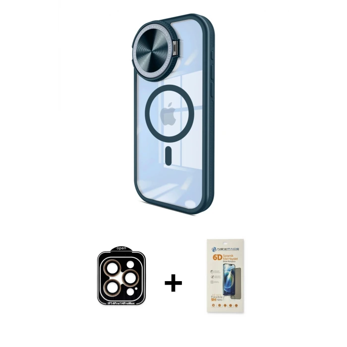 ieg™ iPhone 14 Pro Max Kılıf Kıvılcım Modern Koleksiyonu - Siyah 6D Mat Seramik Hayalet Nano Ekran Koruyucu + PVD Metal Kamera Lens - TU