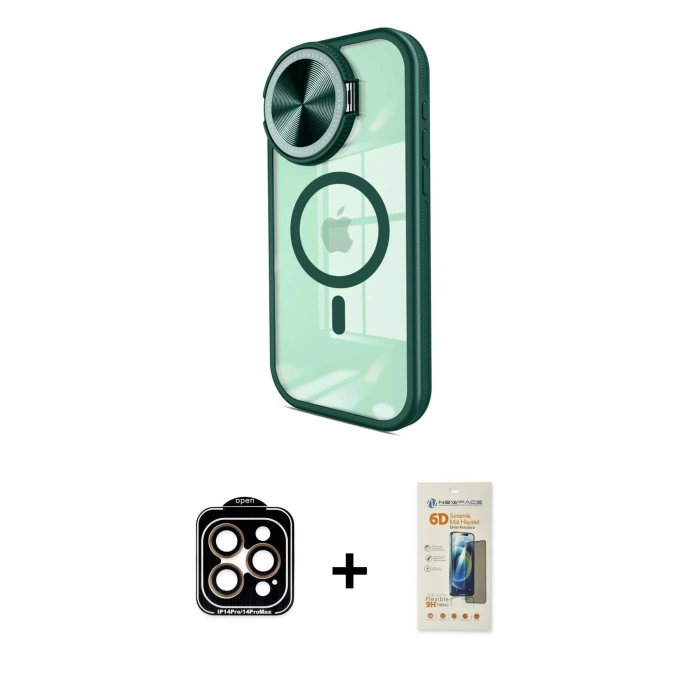 ieg™ iPhone 14 Pro Max Kılıf Kıvılcım Modern Koleksiyonu - Siyah 6D Mat Seramik Hayalet Nano Ekran Koruyucu + PVD Metal Kamera Lens - TU