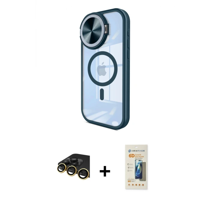 ieg™ iPhone 14 Pro Max Kılıf Kıvılcım Modern Koleksiyonu - Siyah 6D Mat Seramik Hayalet Nano Ekran Koruyucu + Raze Metal Kamera Lens - GD