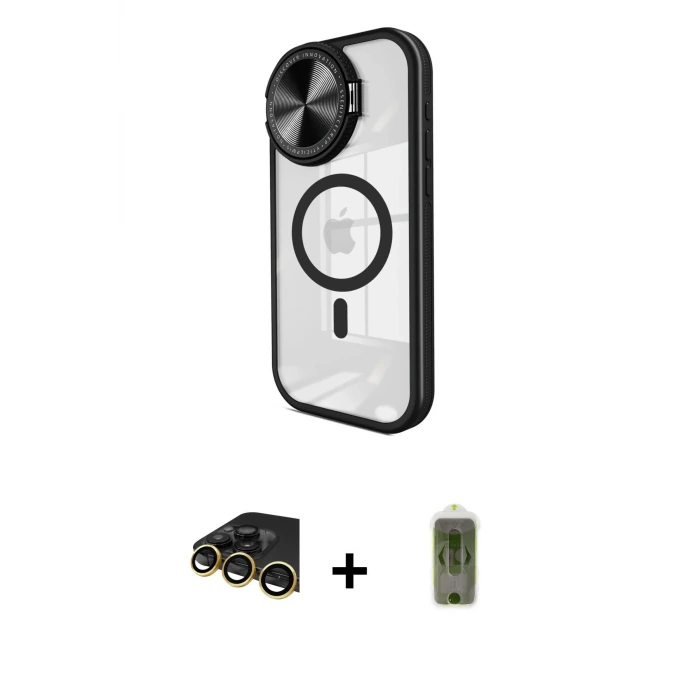 ieg™ iPhone 14 Pro Max Kılıf Kıvılcım Modern Koleksiyonu - Siyah Joko Magic 5D Hayalet Cam + Raze Metal Kamera Lens - GD