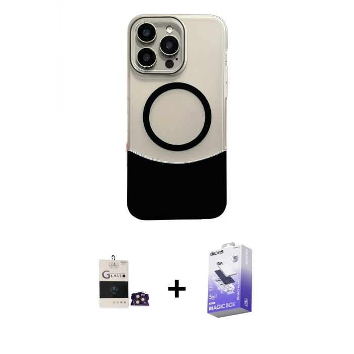 ieg™ iPhone 14 Pro Max Kılıf Kozmos Form Özel Seri - Siyah Bilvis 5in1 5D Magic Hayalet Cam Ekran Koruyucu + Bilvis Titan Kamera Lens - GD