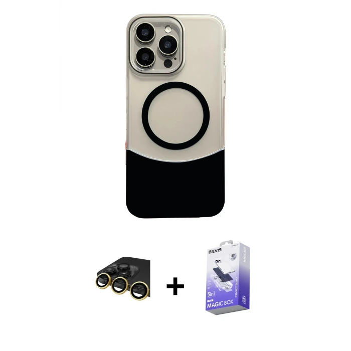 ieg™ iPhone 14 Pro Max Kılıf Kozmos Form Özel Seri - Siyah Bilvis 5in1 5D Magic Hayalet Cam Ekran Koruyucu + Raze Metal Kamera Lens - GD