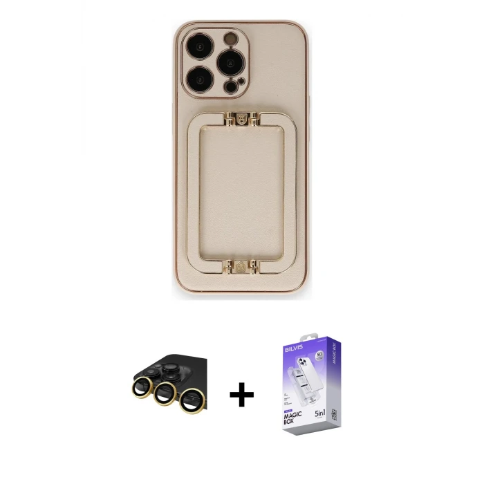 ieg™ iPhone 14 Pro Max Kılıf Kozmos Minimal Prime - Siyah Bilvis 5in1 3D Magic Cam Ekran Koruyucu + Raze Metal Kamera Lens - GD