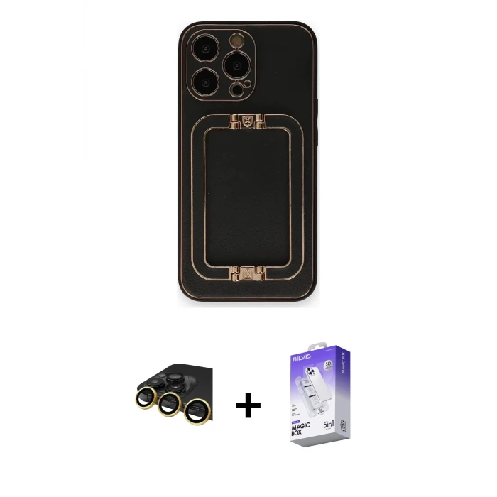 ieg™ iPhone 14 Pro Max Kılıf Kozmos Minimal Prime - Siyah Bilvis 5in1 3D Magic Cam Ekran Koruyucu + Raze Metal Kamera Lens - GD