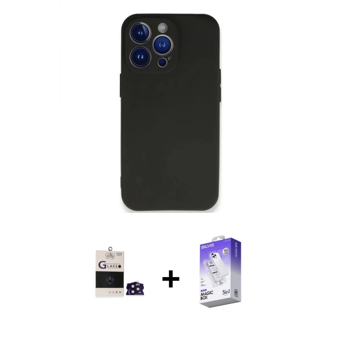 ieg™ iPhone 14 Pro Max Kılıf Kozmos Yansıma Özel Seri - Siyah Bilvis 5in1 3D Magic Cam Ekran Koruyucu + Bilvis Titan Kamera Lens - DNMR