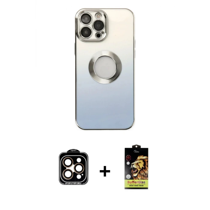 ieg™ iPhone 14 Pro Max Kılıf Kutup Yansıma Özel Seri - Siyah Buffer Cam Ekran Koruyucu + PVD Metal Kamera Lens - TU
