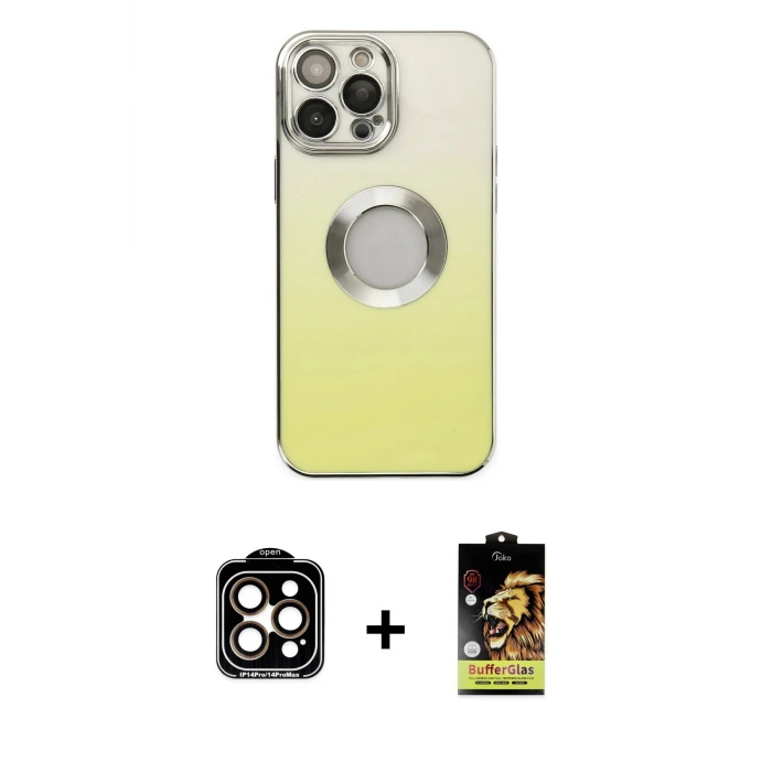 ieg™ iPhone 14 Pro Max Kılıf Kutup Yansıma Özel Seri - Siyah Buffer Cam Ekran Koruyucu + PVD Metal Kamera Lens - TU