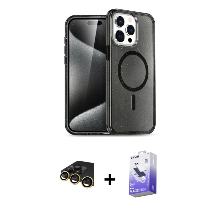 ieg™ iPhone 14 Pro Max Kılıf Nova Asil Prime - Siyah Bilvis 5in1 5D Magic Hayalet Cam Ekran Koruyucu + Raze Metal Kamera Lens - GD