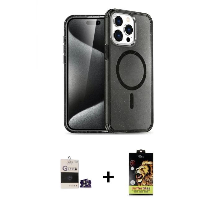 ieg™ iPhone 14 Pro Max Kılıf Nova Asil Prime - Siyah Buffer Cam Ekran Koruyucu + Bilvis Titan Kamera Lens - GS