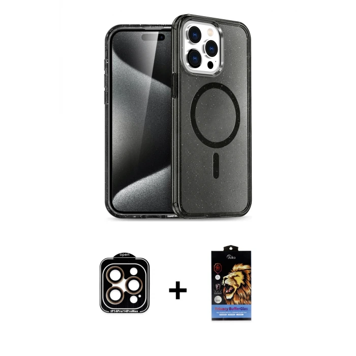 ieg™ iPhone 14 Pro Max Kılıf Nova Asil Prime - Siyah Buffer Hayalet Cam Ekran Koruyucu + PVD Metal Kamera Lens - TU