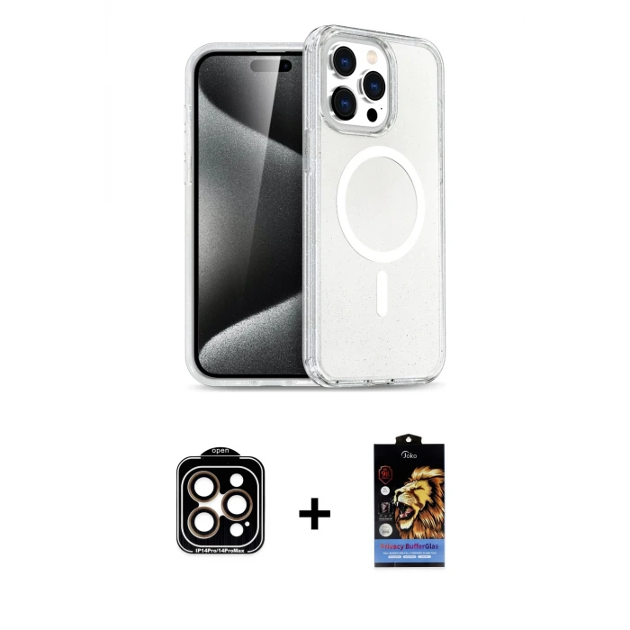 ieg™ iPhone 14 Pro Max Kılıf Nova Asil Prime - Siyah Buffer Hayalet Cam Ekran Koruyucu + PVD Metal Kamera Lens - TU
