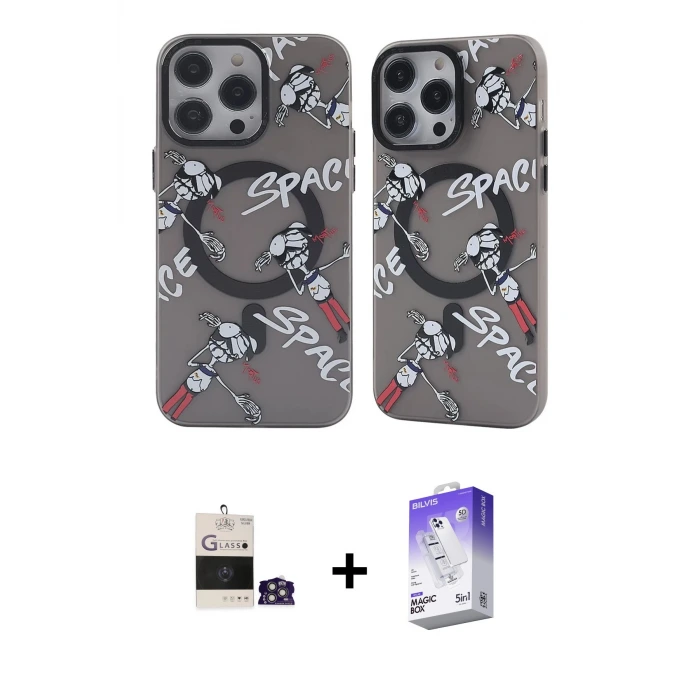 ieg™ iPhone 14 Pro Max Kılıf Nova Doku Koleksiyonu - Siyah Bilvis 5in1 3D Magic Cam Ekran Koruyucu + Bilvis Titan Kamera Lens - GS
