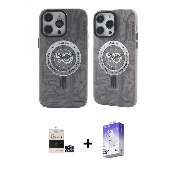 ieg™ iPhone 14 Pro Max Kılıf Nova Doku Koleksiyonu - Siyah Bilvis 5in1 3D Magic Cam Ekran Koruyucu + Bilvis Titan Kamera Lens - GS