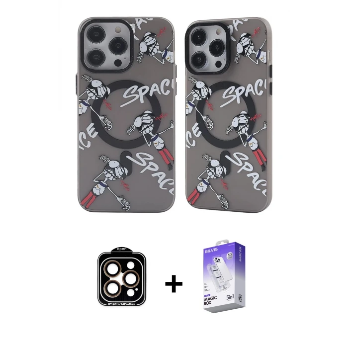 ieg™ iPhone 14 Pro Max Kılıf Nova Doku Koleksiyonu - Siyah Bilvis 5in1 3D Magic Cam Ekran Koruyucu + PVD Metal Kamera Lens - TU