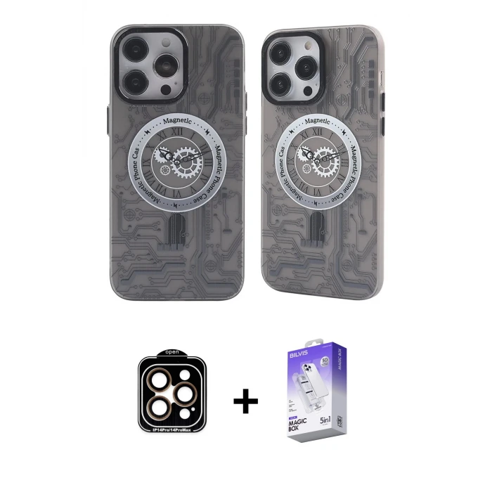 ieg™ iPhone 14 Pro Max Kılıf Nova Doku Koleksiyonu - Siyah Bilvis 5in1 3D Magic Cam Ekran Koruyucu + PVD Metal Kamera Lens - TU
